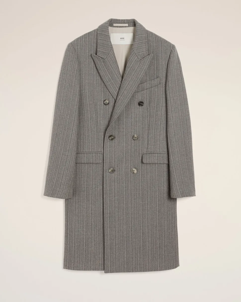 Manteau Gris Croisé Avec Chevron En Laine