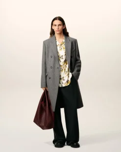 Manteau Gris Croisé Avec Chevron En Laine