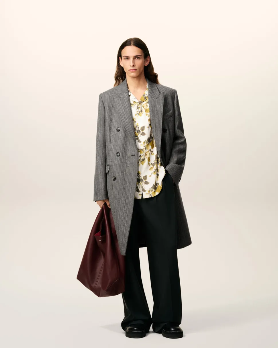 Manteau Gris Croisé Avec Chevron En Laine