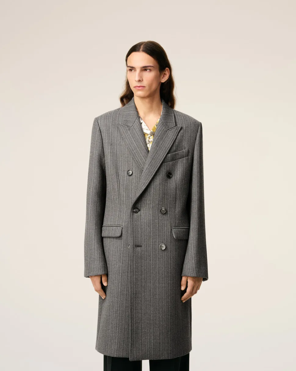 Manteau Gris Croisé Avec Chevron En Laine