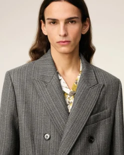 Manteau Gris Croisé Avec Chevron En Laine