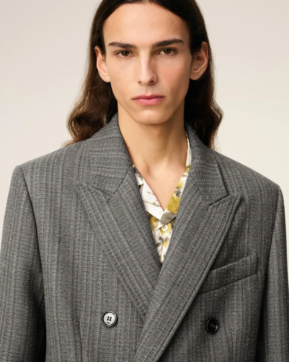 Manteau Gris Croisé Avec Chevron En Laine