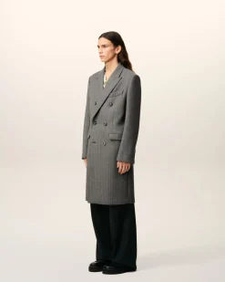 Manteau Gris Croisé Avec Chevron En Laine