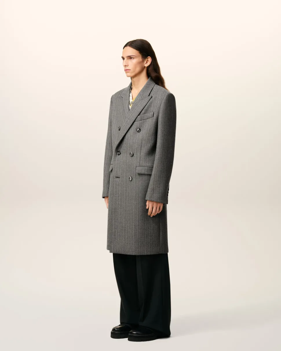 Manteau Gris Croisé Avec Chevron En Laine