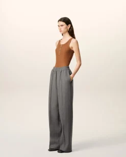 Pantalon Gris Elastiqué A Chevron En Laine
