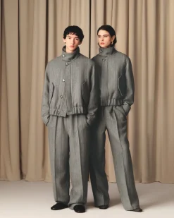 Pantalon Gris Elastiqué A Chevron En Laine