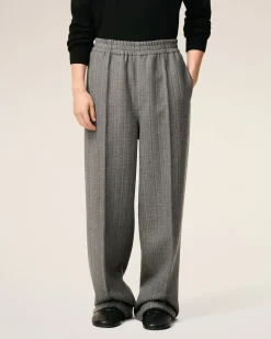 Pantalon Gris Elastiqué A Chevron En Laine