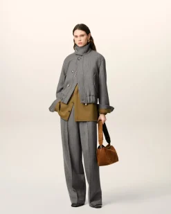 Pantalon Gris Elastiqué A Chevron En Laine