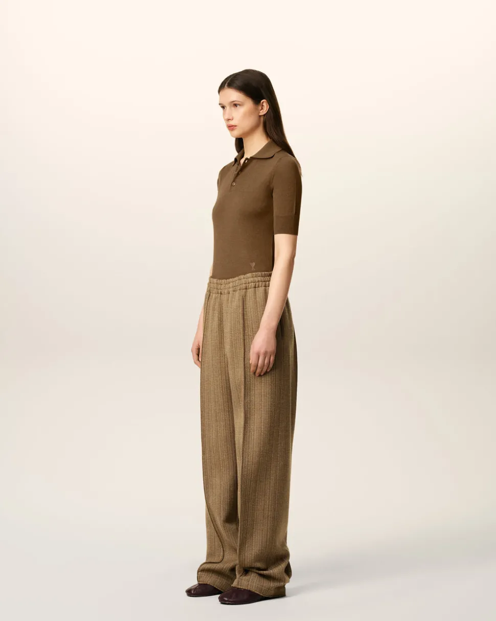 Pantalon Marron Elastiqué A Chevron En Laine
