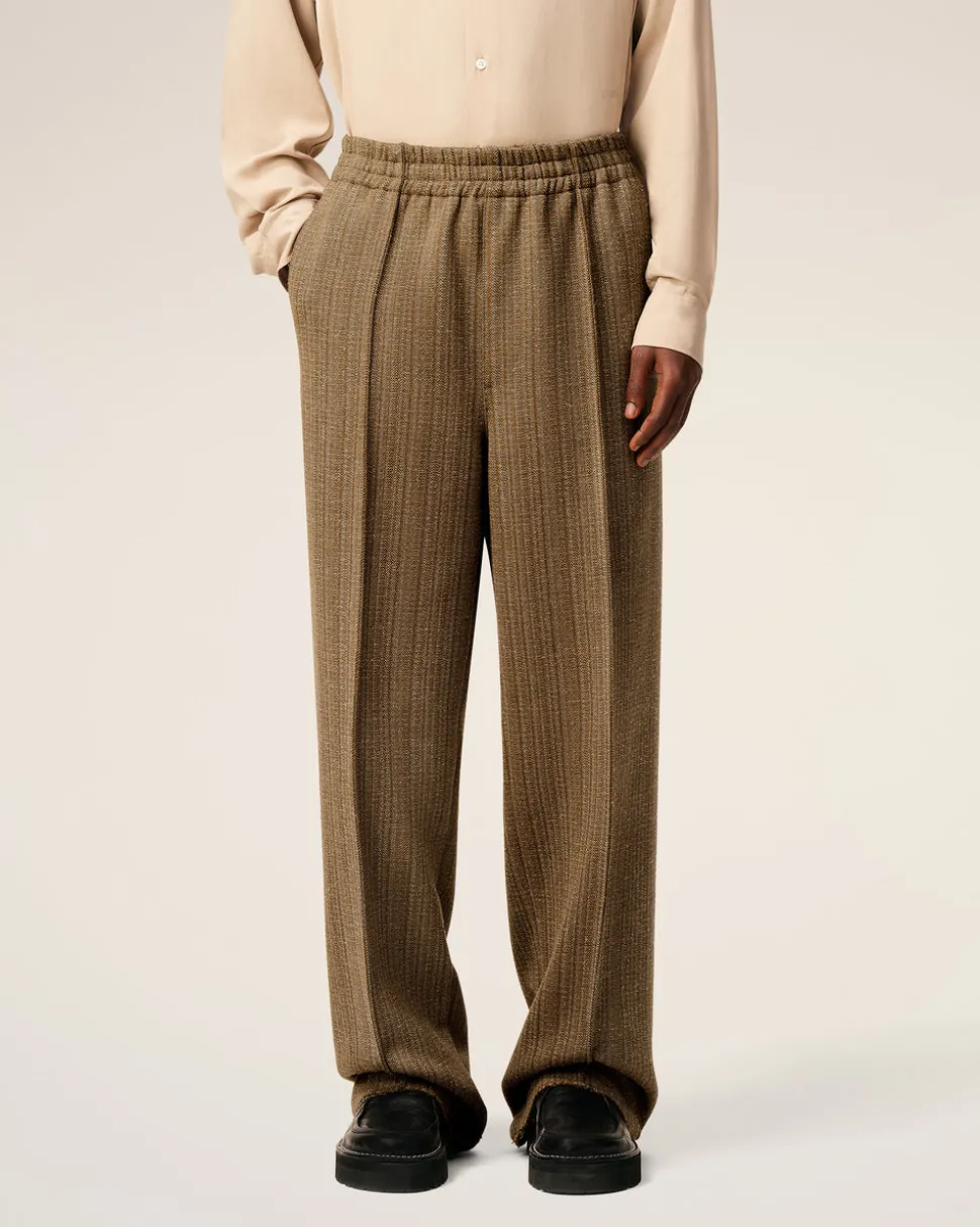Pantalon Marron Elastiqué A Chevron En Laine