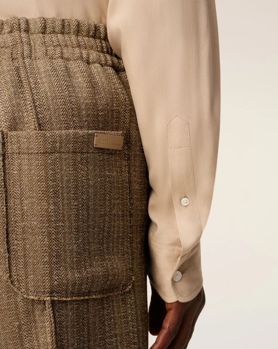 Pantalon Marron Elastiqué A Chevron En Laine