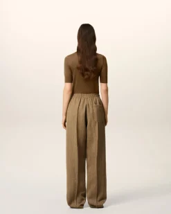 Pantalon Marron Elastiqué A Chevron En Laine