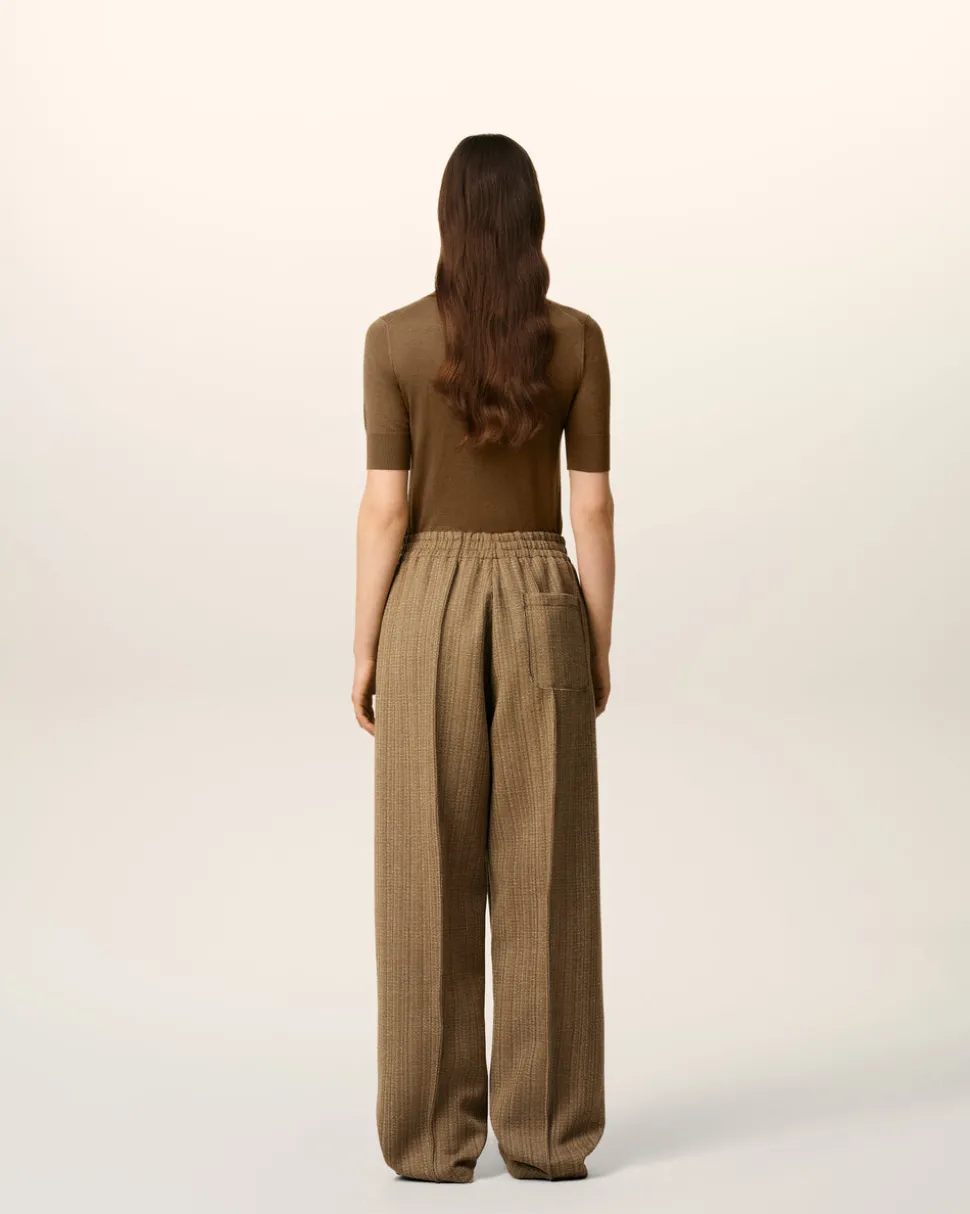 Pantalon Marron Elastiqué A Chevron En Laine