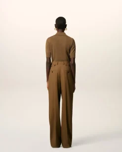 Pantalon Marron Large Taille Haute Avec Pattes De Serrages En Laine