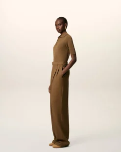 Pantalon Marron Large Taille Haute Avec Pattes De Serrages En Laine