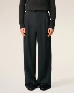 Pantalon Noir Large Taille Basse En Laine