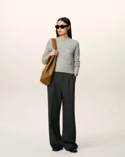 Pantalon Noir Large Taille Haute En Laine