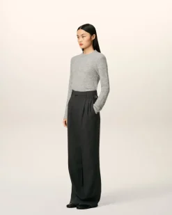 Pantalon Noir Large Taille Haute En Laine