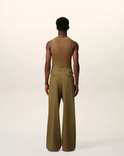 Pantalon Vert Large Taille Basse En Laine