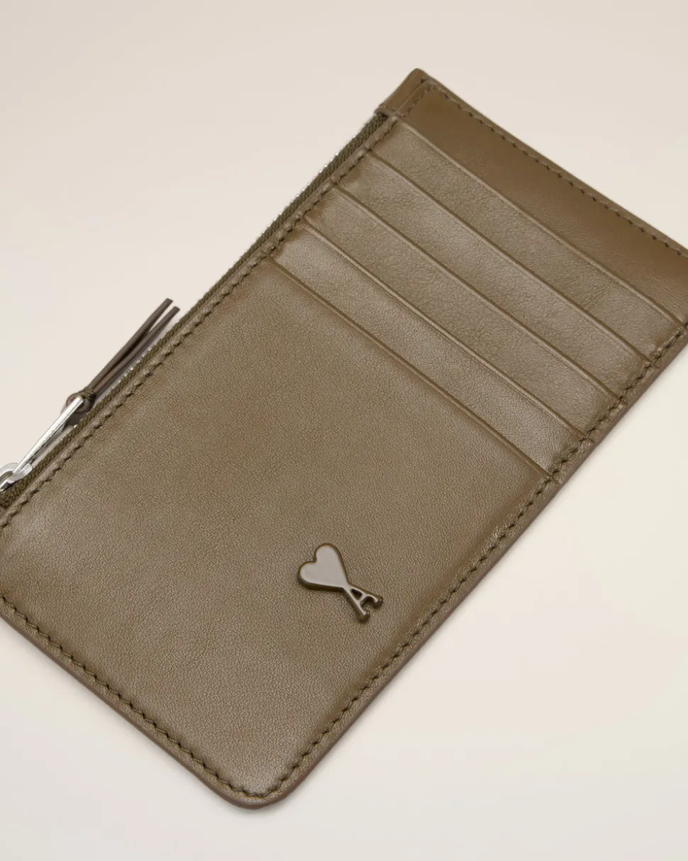 Porte Cartes Vert Zippé Ami De Coeur En Cuir Lisse