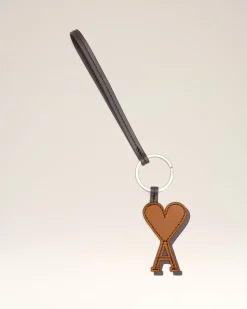 Porte Clés Noir Marron De Coeur En Cuir Lisse