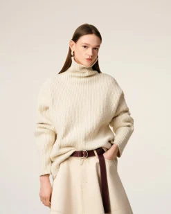 Pull Blanc Col Cheminée En Laine