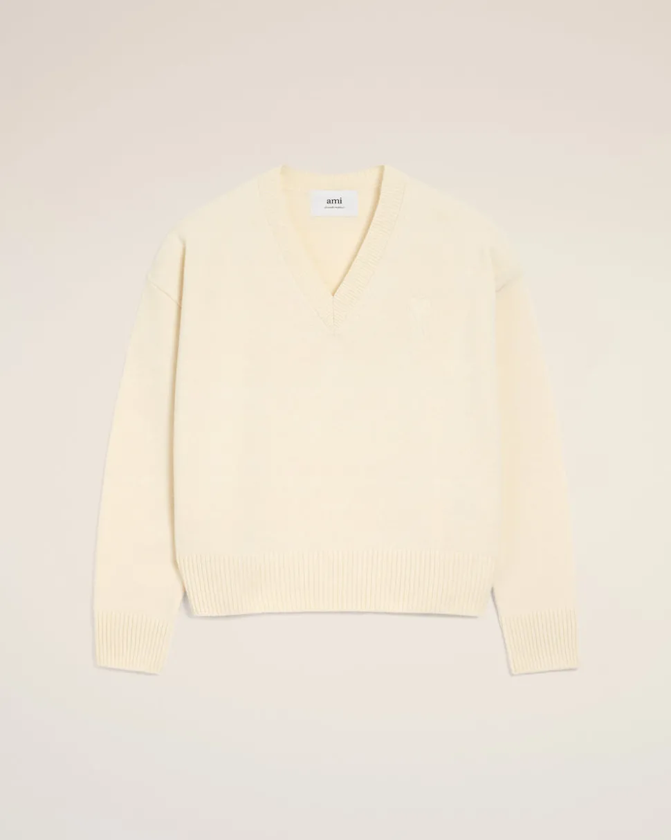Pull Blanc Col V Ami De Coeur En Laine
