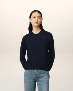 Pull Bleu Marine Col Rond Ami de Coeur En Laine