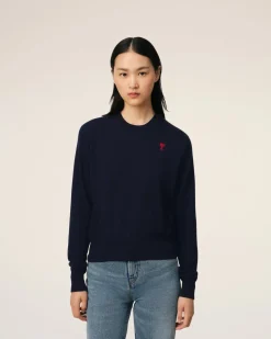 Pull Bleu Marine Col Rond Ami de Coeur En Laine
