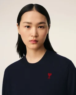 Pull Bleu Marine Col Rond Ami de Coeur En Laine