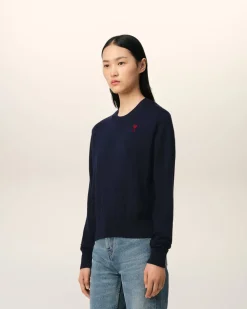 Pull Bleu Marine Col Rond Ami de Coeur En Laine