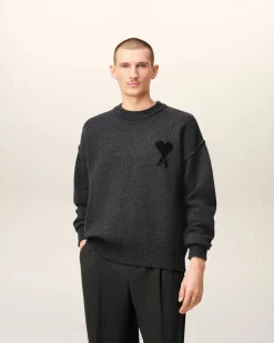 Pull Gris Col Rond Ami De Coeur En Laine