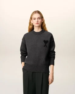 Pull Gris Col Rond Ami De Coeur En Laine