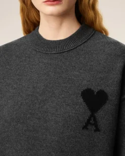Pull Gris Col Rond Ami De Coeur En Laine