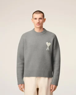 Pull Gris Col Rond Ami De Coeur En Alpaga