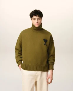 Pull Kaki Col Cheminée Ami De Coeur En Laine