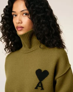 Pull Kaki Col Cheminée Ami De Coeur En Laine