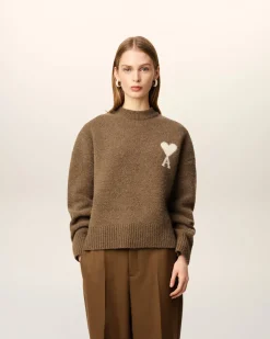 Pull Marron Col Rond Ami De Coeur En Alpaga