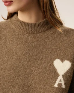 Pull Marron Col Rond Ami De Coeur En Alpaga