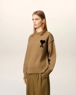 Pull Marron Col Rond Ami De Coeur En Laine