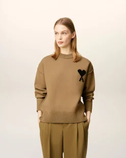 Pull Marron Col Rond Ami De Coeur En Laine