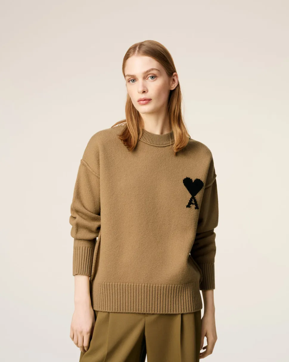 Pull Marron Col Rond Ami De Coeur En Laine