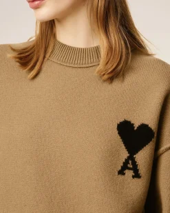 Pull Marron Col Rond Ami De Coeur En Laine