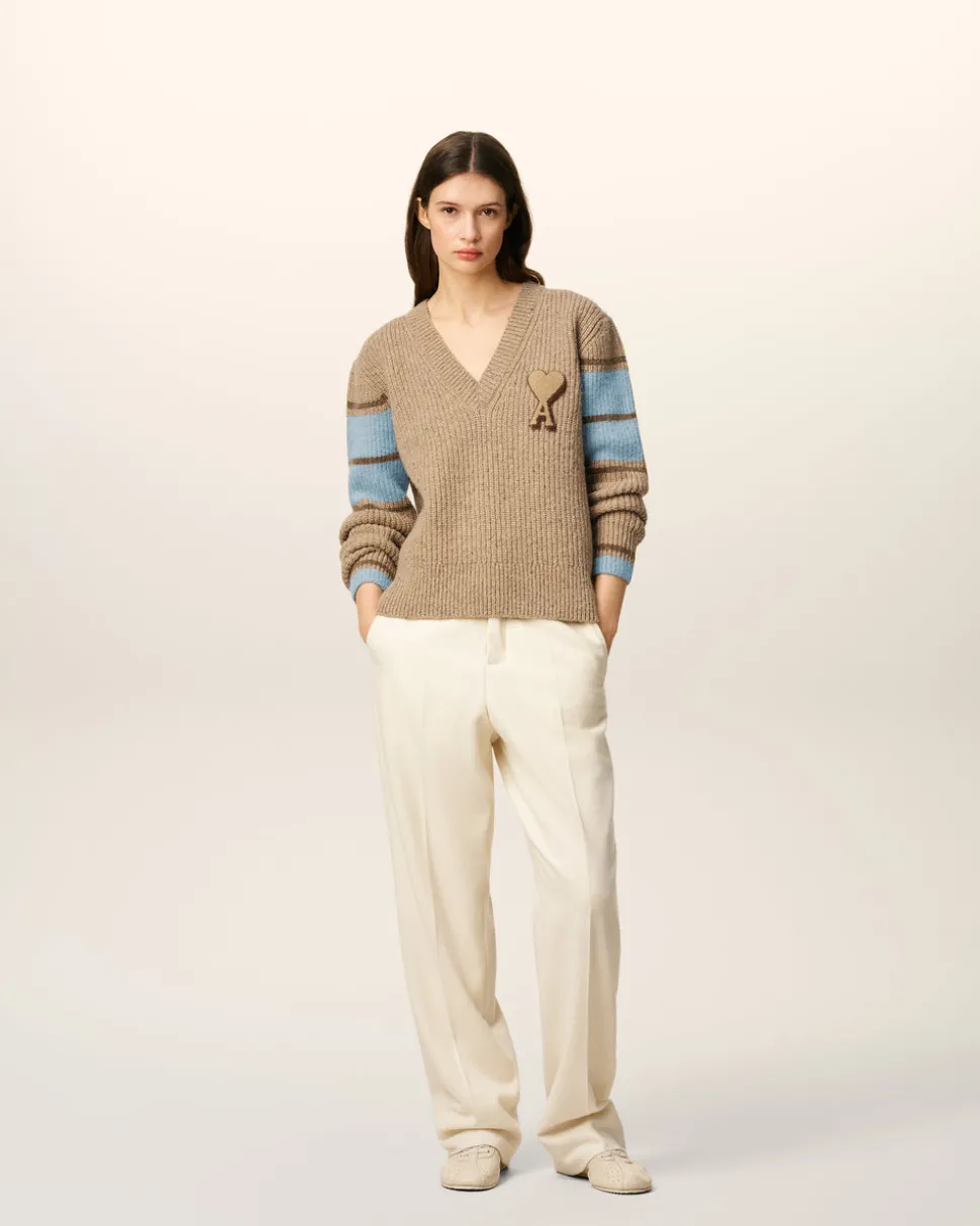 Pull Marron College En Laine Côtelée