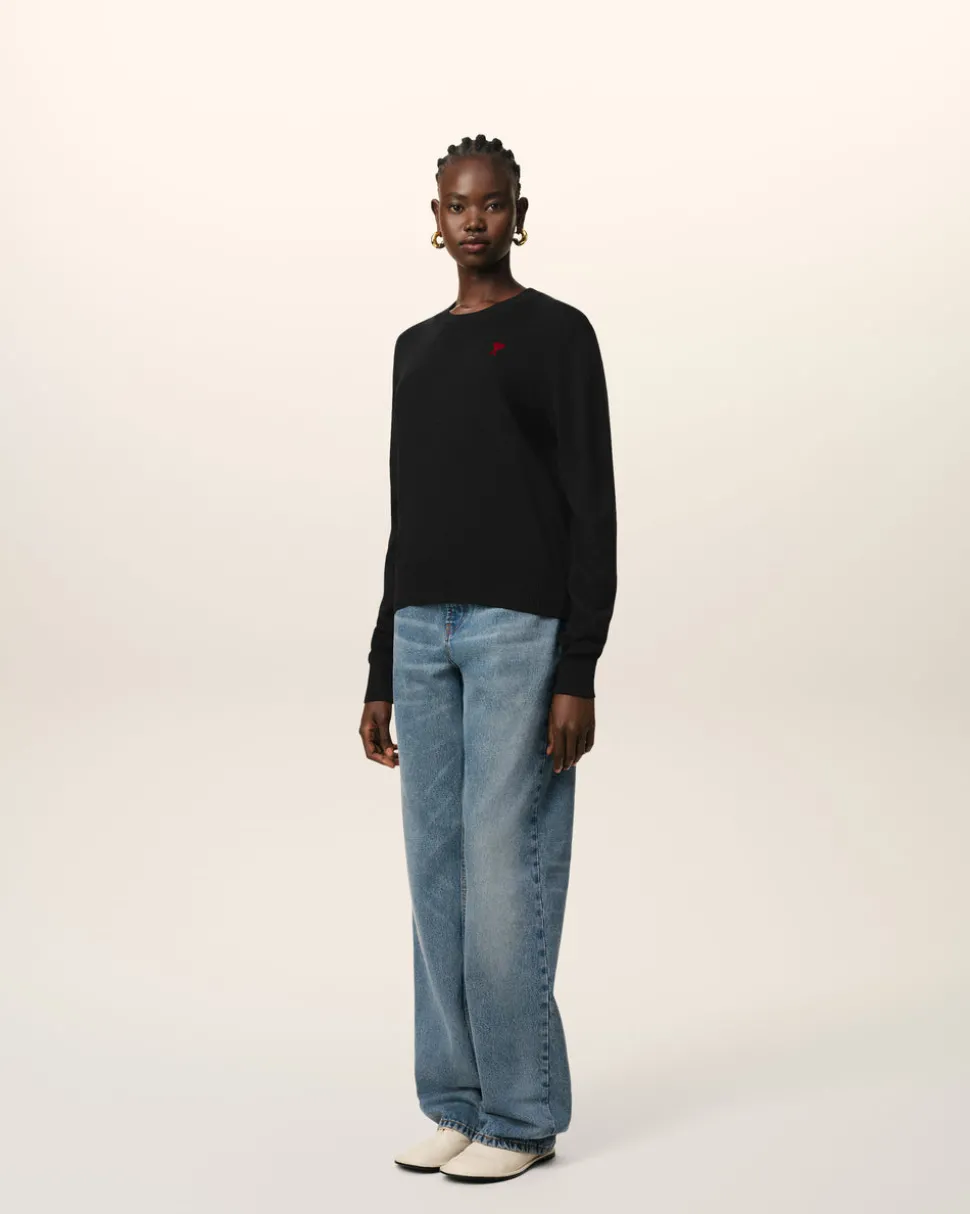 Pull Noir Col Rond Ami de Coeur En Laine
