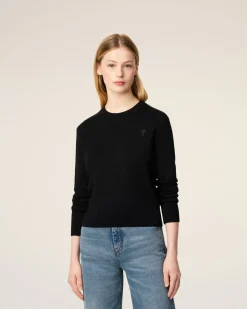 Pull Noir Col Rond Ami De Coeur En Laine