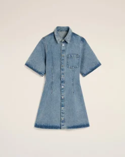 Robe Chemise Bleue Manches Courtes En Coton