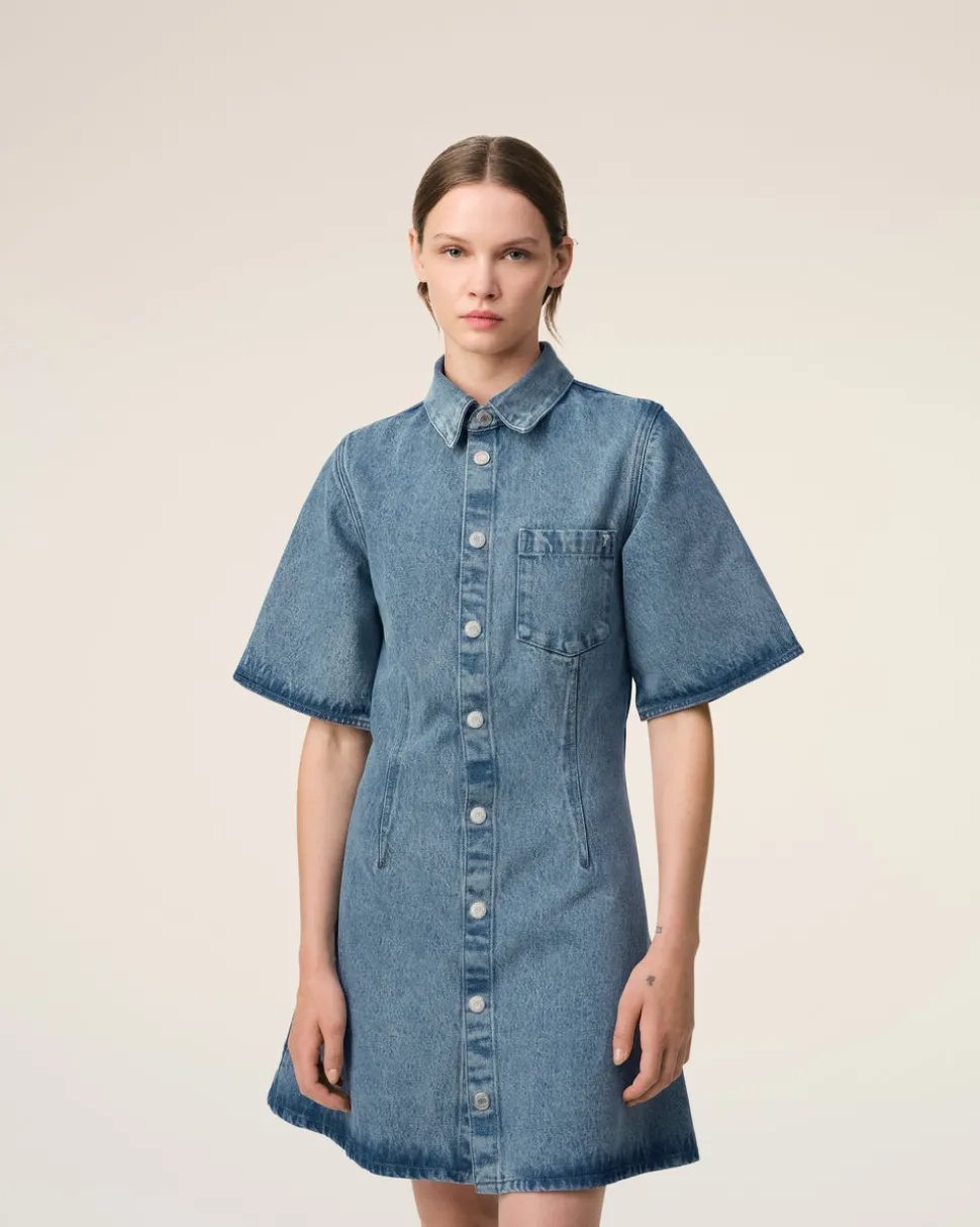 Robe Chemise Bleue Manches Courtes En Coton