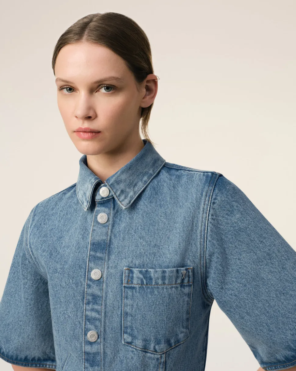 Robe Chemise Bleue Manches Courtes En Coton