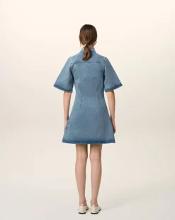 Robe Chemise Bleue Manches Courtes En Coton